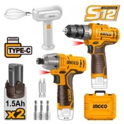INGCO - COSLI240205E Σετ Δραπανοκατσάβιδο 0.8-10mm & Παλμικό Κατσαβίδι 1/4" & Mixer Χειρός Μπαταρίας 12V (2x1.5Ah)